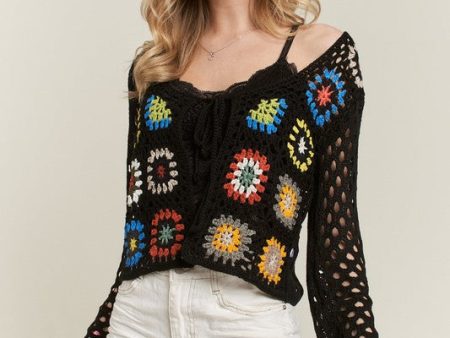 FRONT TIE CROCHET CARDIGAN - BLACK Sale