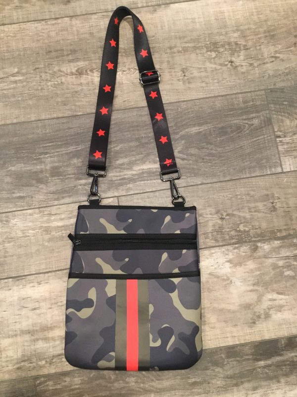 Green Camo Neoprene Crossbody with Red & Black Stripe Online now