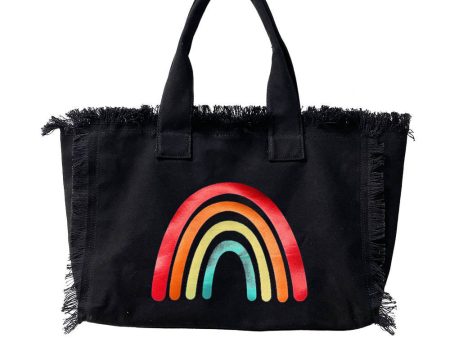 🌈 Rainbow Canvas Fringe Tote - Black Discount