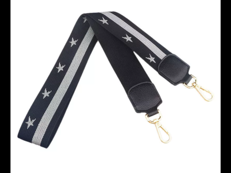 Black Bag Strap with metallic stars and stripe with gold hardware width  Faux Leather Tabs For Cheap