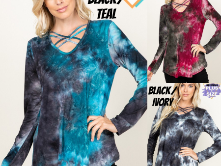 LONG SLEEVE CRISSCROSS V NECK ROUND HEM TIE DYE PRINT TOP PLUS SIZE - BLACK IVORY, BLACK BURGUNDY or BLACK TEAL Online Sale