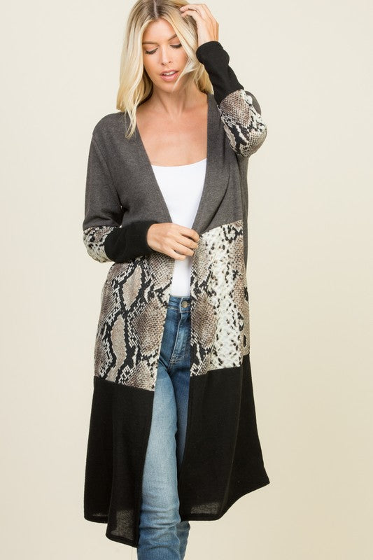 LONG SLEEVE SNAKE PATTERN COLOR BLOCK  LONG CARDIGAN Supply