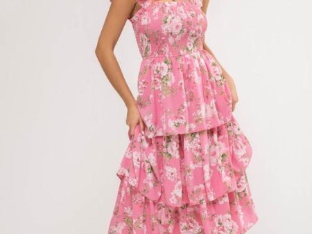 FLORAL TIERED MIDI DRESS - PINK MULTI on Sale