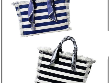 Canvas Fringe Striped Tote Bandana Handle - Blue or Black Fashion