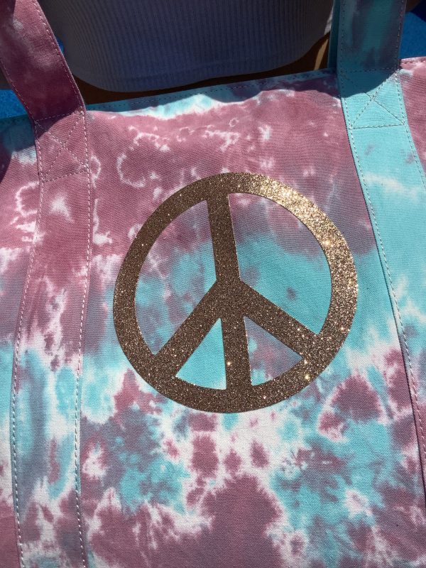 Gold Glitter Peace Sign Tiedye Canvas Tote Bag, Pouch & Strap Set - Lavender Turquoise Fashion