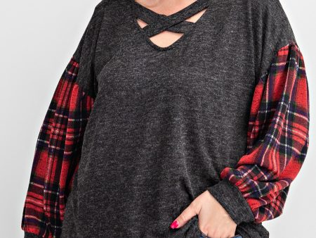 PLUS CRISS CROSS V-NECK BUBBLE SLEEVE BRUSHED HACCI MELANGE PLAID KNIT TOP Discount