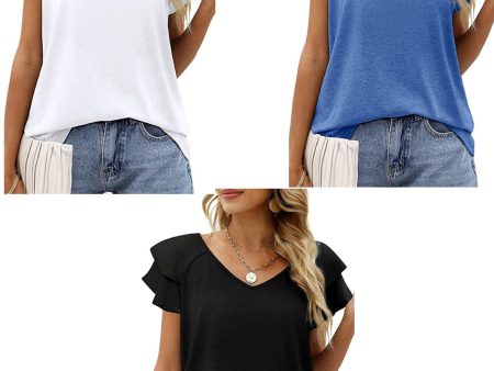 V NECK RUFFLE SLEEVETOP - ASSORTED COLORS Cheap