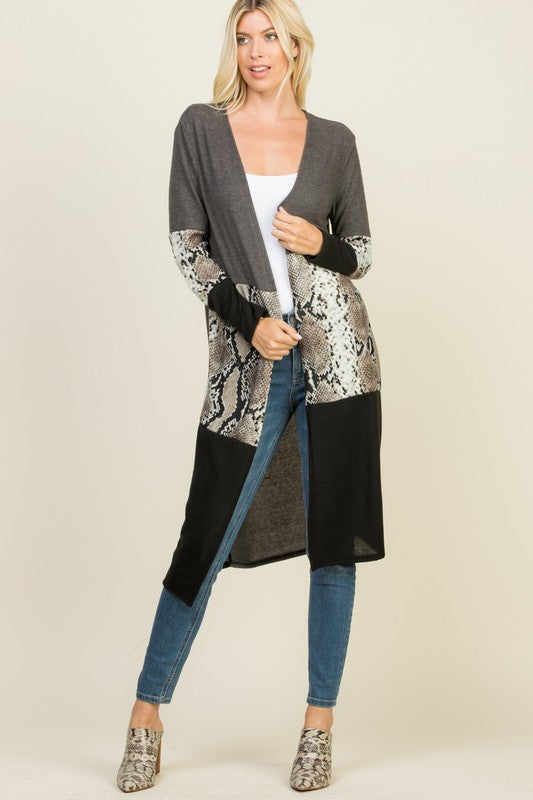 LONG SLEEVE SNAKE PATTERN COLOR BLOCK  LONG CARDIGAN Supply