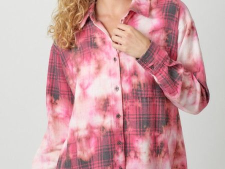 Bleach Dyed Plaid Shirt Jacket - Washed Berry Hot on Sale