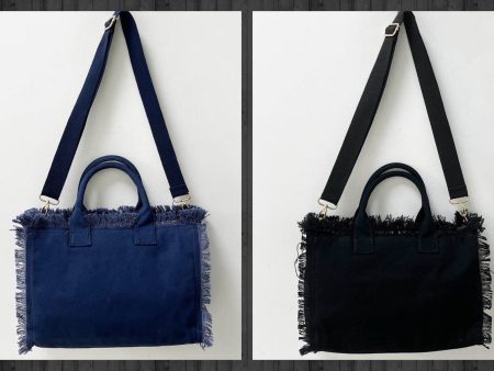 Small Fringe Canvas Tote With Solid Strap - Blue or Black Sale