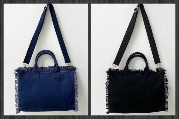 Small Fringe Canvas Tote With Solid Strap - Blue or Black Sale