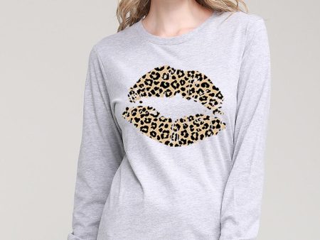 Leopard Lips 💋Long Sleeve T-Shirt - Heather Grey For Discount