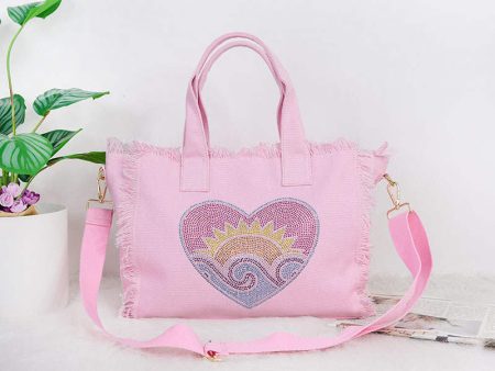 Bling Heart Sun Wave Small Fringe Canvas Tote With Solid Strap - Pink Online Hot Sale