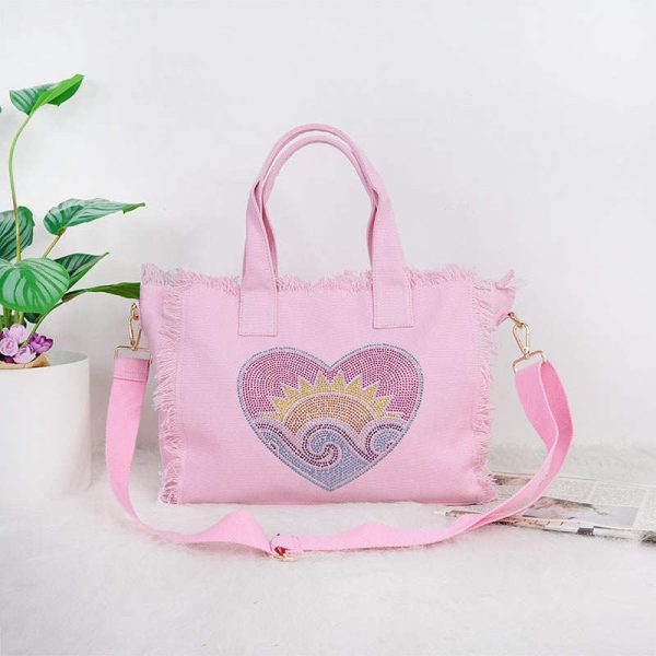 Bling Heart Sun Wave Small Fringe Canvas Tote With Solid Strap - Pink Online Hot Sale