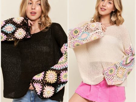 MULTI COLOR CROCHET SLEEVE LOOSE TOP - BLACK OR BEIGE Cheap