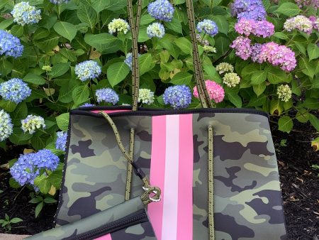 Green Camo with Pink Stripe Neoprene Tote bag 💚💗 on Sale