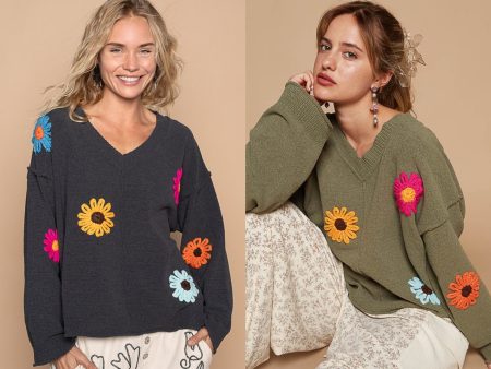 POL Oversize v-neck flower patches solid sweater - Olive or Charcoal Multi Sale