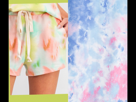 TIE DYE FRENCH TERRY LEISURE FIT KNIT SHORTS WITH NATURAL TWILL STRAP - Lime Peach 💚🧡 or Blue Pink 💙💗 For Discount