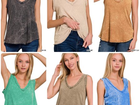 CRINKLE WASHED V-NECK SLEEVELESS TOP - ASSORTED COLORS Online now