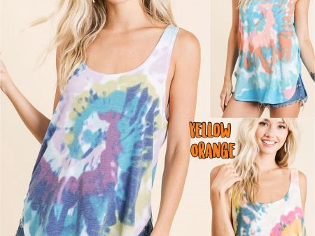 SLEEVELESS TIE DYE PRINT TERRY DEEP U-NECK TOP - ASSORTED COLORS For Cheap