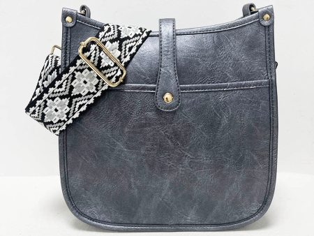 Antique Silver Vegan Leather Messenger Bag w  Adjustable Grey White Black Strap For Sale