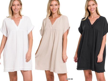 GAUZE ROLLED SHORT SLEEVE RAW EDGE V-NECK DRESS - ASSORTED COLORS Cheap