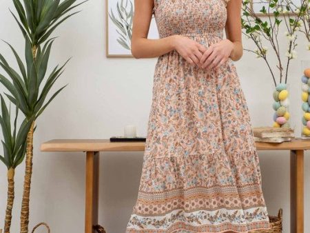 SMOCKED FLORAL BORDER PRINT MIDI DRESS - PEACH MULTI For Discount