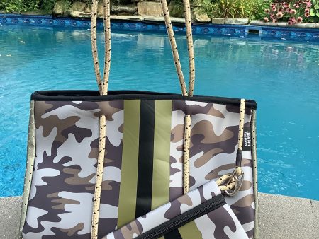 Brown Camo Olive Blk Stripe Neoprene Tote For Sale