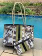 Brown Camo Olive Blk Stripe Neoprene Tote For Sale