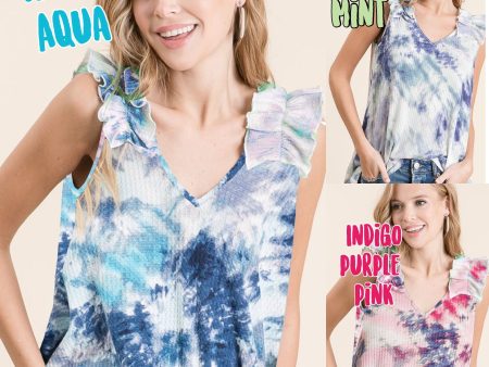 TIE DYE THERMAL WAFFLE V NECK TOP WITH RUFFLE APPLIQUE AT SHOULDER - ASSORTED COLORS Cheap