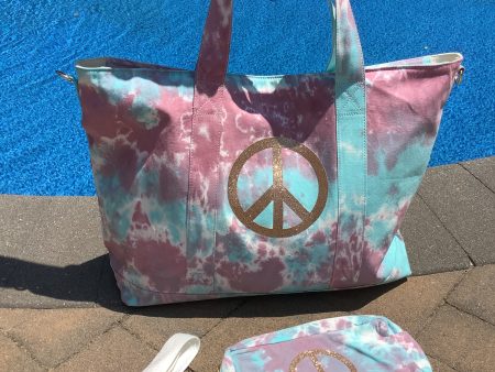 Gold Glitter Peace Sign Tiedye Canvas Tote Bag, Pouch & Strap Set - Lavender Turquoise Fashion