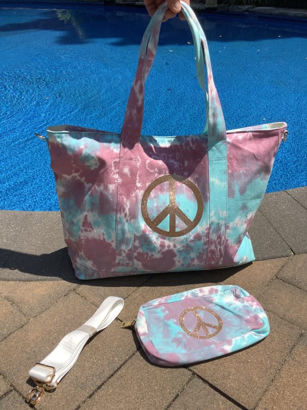 Gold Glitter Peace Sign Tiedye Canvas Tote Bag, Pouch & Strap Set - Lavender Turquoise Fashion