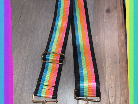 🌈 Neon Rainbow w  Black Stripe 2” Adjustable Handbag Strap For Sale