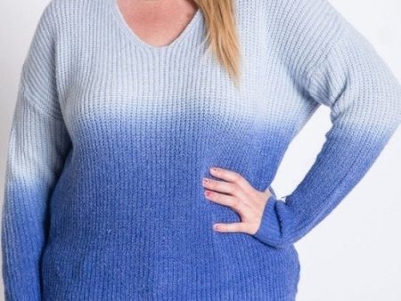 PLUS COLOR BLOCK LONG SLEEVE V-NECK SWEATER- BLUE OMBRÉ Cheap