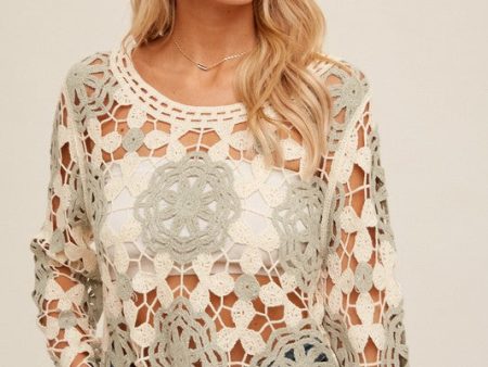 HEM & THREAD BOAT NECK BELL SLEEVE CROCHET TOP -SAGE CREAM Hot on Sale