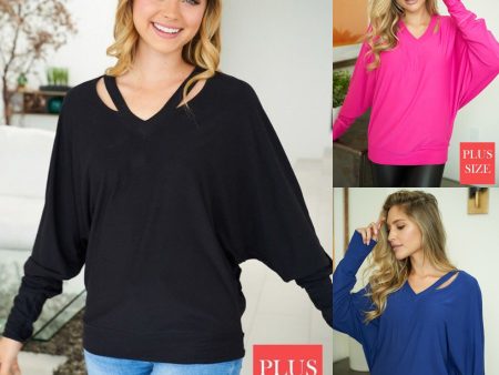 Plus long sleeve solid knit top with a v-neck featuring a cut out detail and a dolman sleeve - Black, Fuchsia or Royal Blue For Cheap