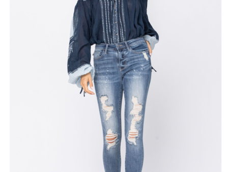 Judy Blue Mid Rise Skinny Bleach Splatter Destroyed on Sale