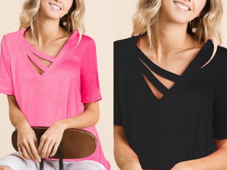 V-NECK KNIT JERSEY TOP WITH DOUBLE STRAP NECK - BLACK or NEON PINK Supply