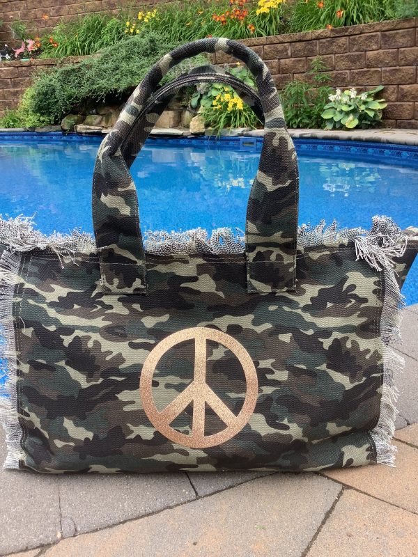 Peace Gold Glitter Camo Canvas Tote Online now